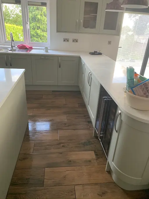 Bespoke sage green kitchen with quartz worktop, Bexley