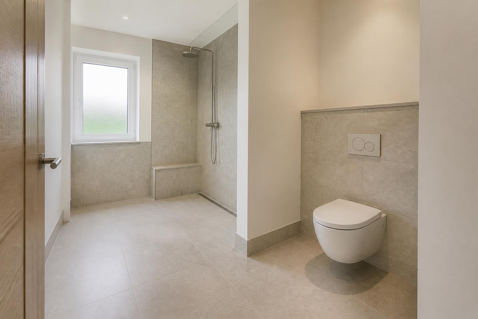 Level-access walk-in shower with neutral stone-effect tiling and wall-hung toilet