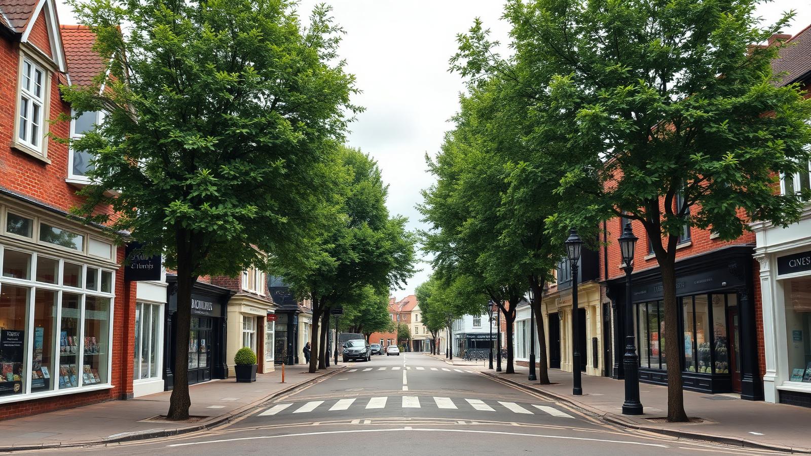 Bexley Village high street with period shopfronts and mature trees, Kent