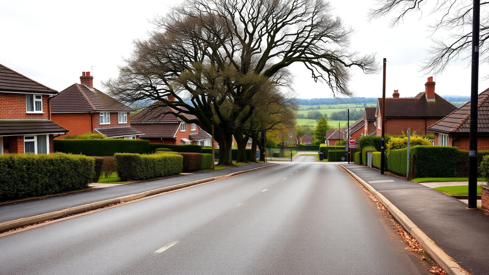 Swanley village residential road with semis and Kentish countryside beyond, Kent
