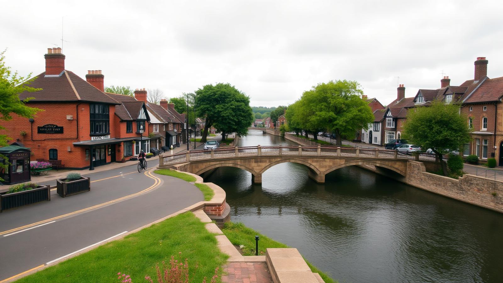 Crayford stone bridge over the River Cray with traditional English buildings, Kent